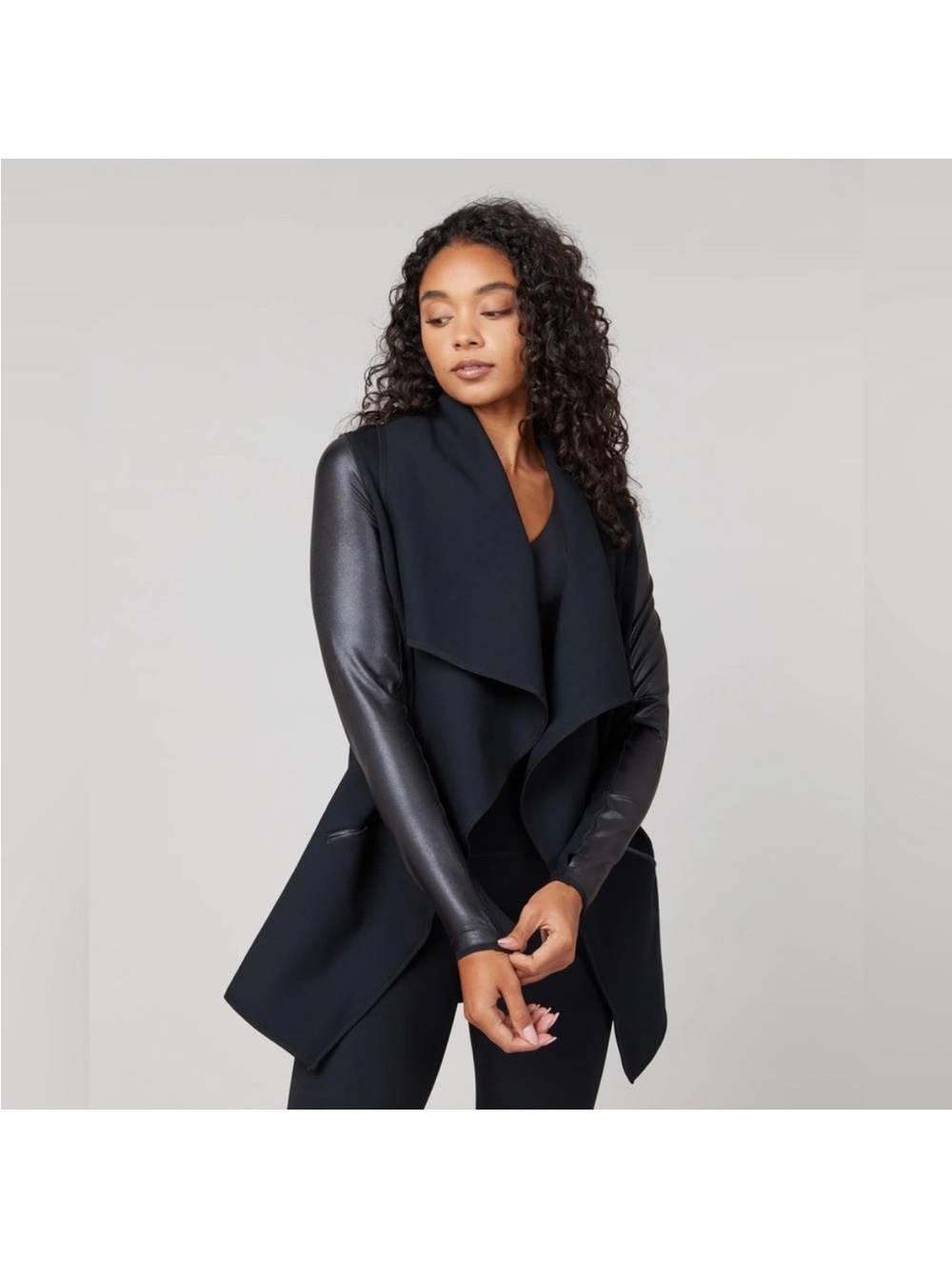 Spanx Draped front jacket Black Faux-Leather Sleeve - Women Medium